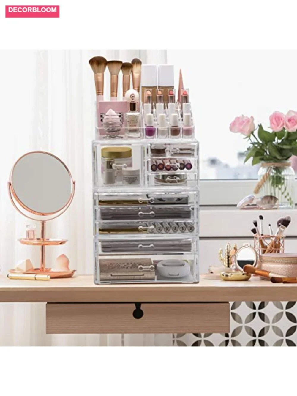 Large Clear Acrylic Makeup Organizer - Detachable 4-Piece Cosmetic Storage Set